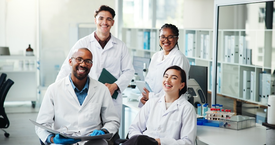 Happy, diversity and team of scientists in laboratory for internship with mentor for medical innova.